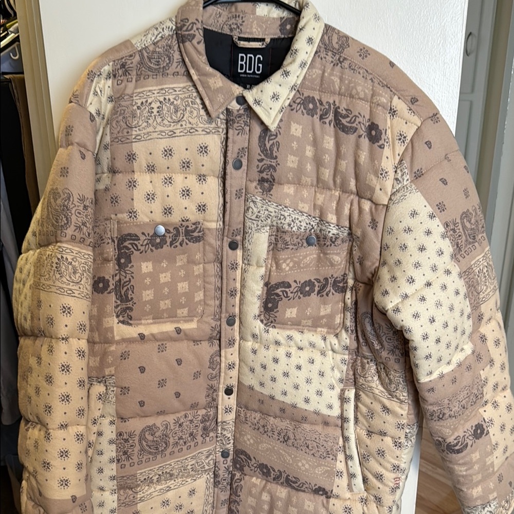 BDG Patchwork Puffer Jacket - Brown and Cream